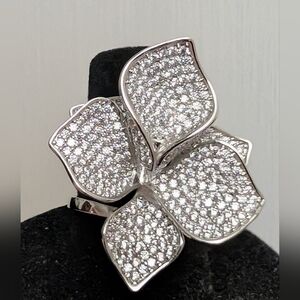 #114. Silver Floral Pavé CZ Cocktail Ring - White